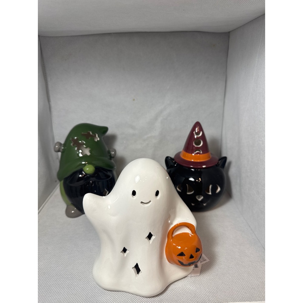 Halloween Ceramic Light Up Ghost Cat Gnome Figurine Set 3 Piece Spooky Decor